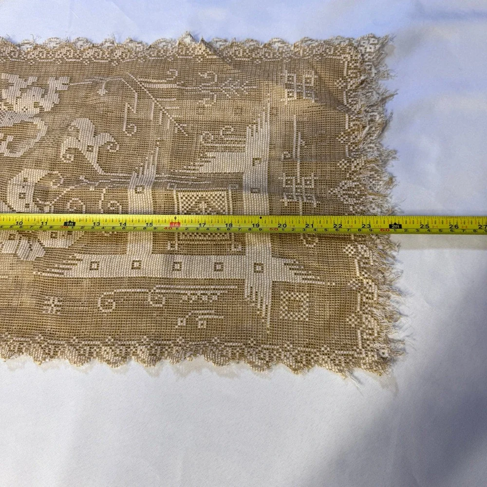 Handcrafted Crochet Filet Dresser Scarf OS Tan Vintage Lace Runner Cottagecore